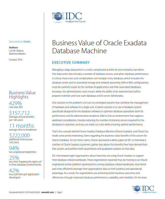 Exadata Database Machine - Analyst Whitepaper: Business Value of Oracle Exadata Database Machine