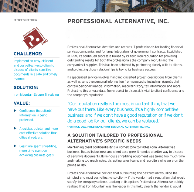 Professional Alternative Cover - Secure Shredding Case Study: Professional Alternative