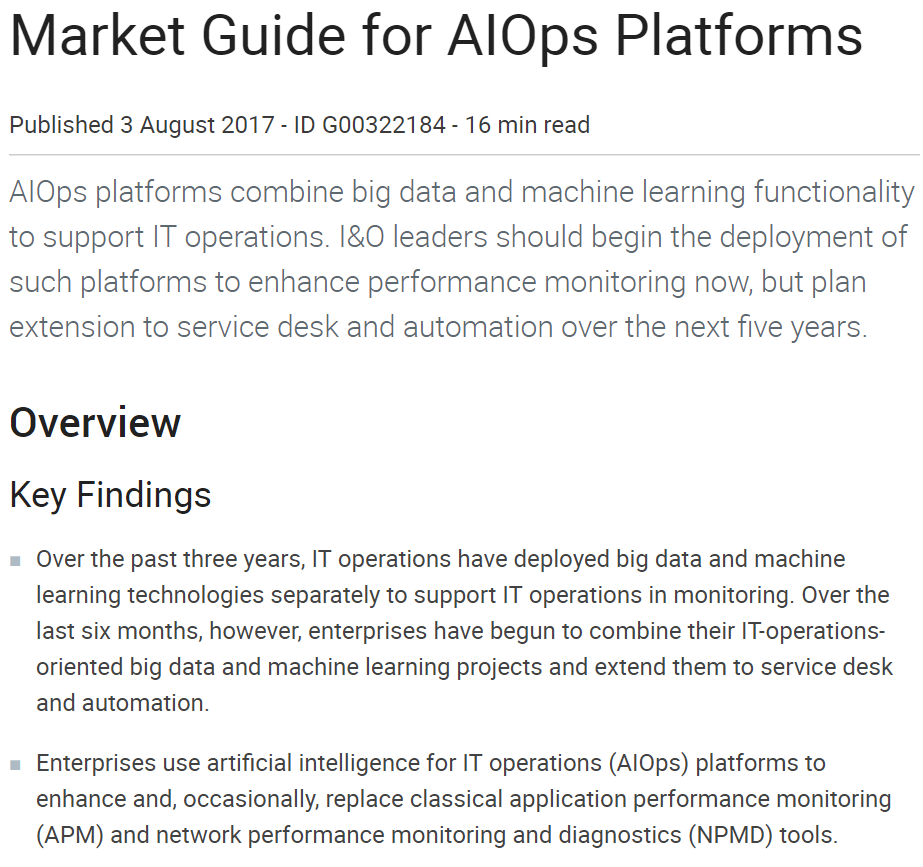 Gartner Report Cover - Gartner Market Guide for AIOps Platforms, August 2017