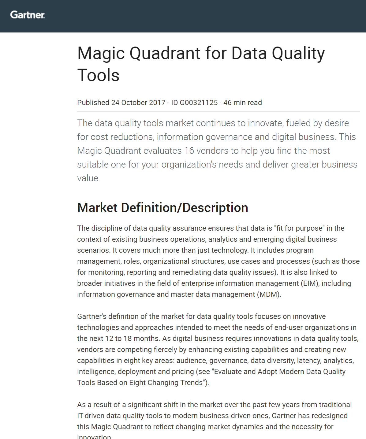 Gartner Cover - Gartner Magic Quadrant for Data Quality Tools