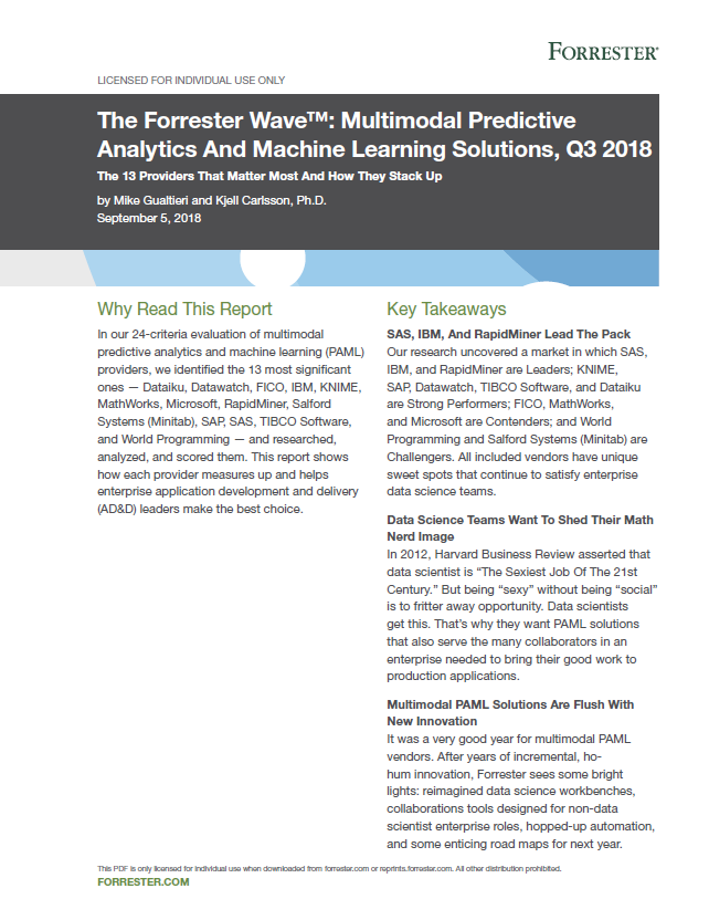 Forrester Wave Multimodal Predictive Analytics and Machine Learning Solutions cover - The Forrester Wave™: Multimodal Predictive Analytics And Machine Learning Solutions, Q3 2018