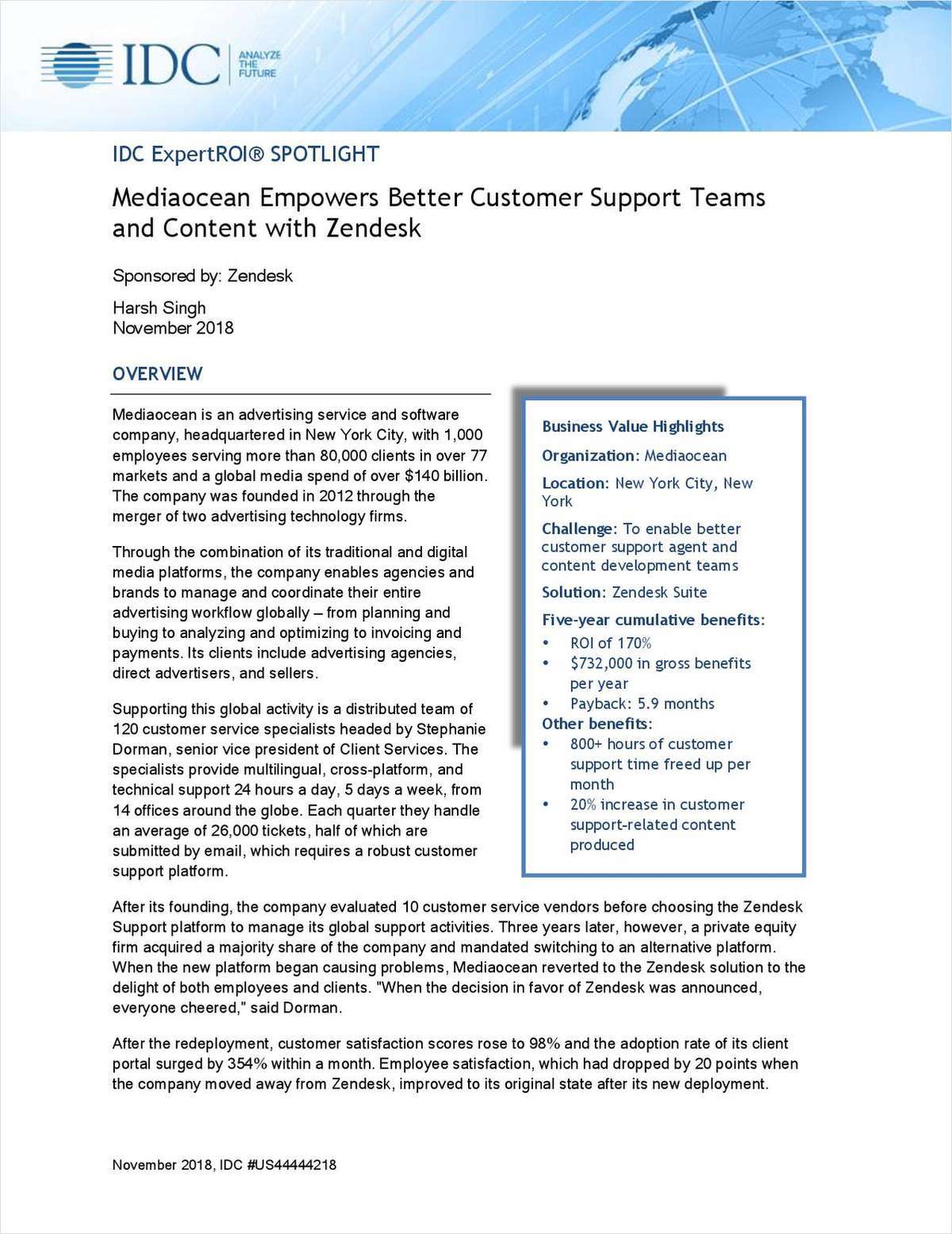 IDC ExpertROI Spotlight: Mediaocean Empowers Better Customer Support Teams and Content with Zendesk