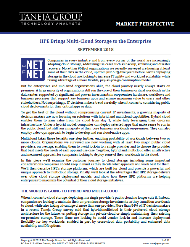 HPE Brings Multi Cloud Storage to the Enterprise Cover - Taneja Group: HPE brings Multi-Cloud Storage to the Enterprise
