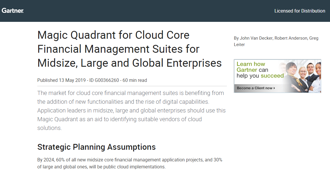 gartner 1 - 2019 Gartner Magic Quadrant for Cloud Core Financial Management Suites for Midsize, Large and Global Enterprises