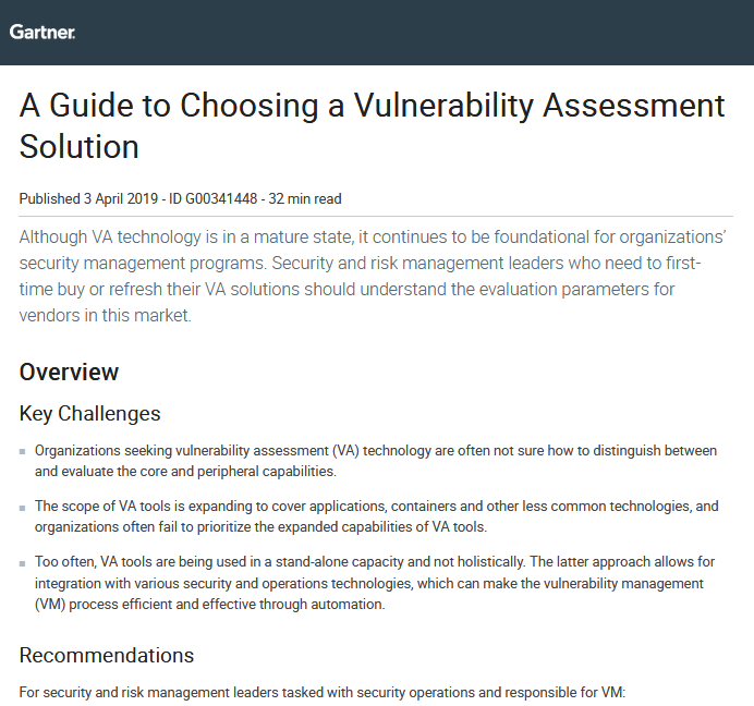 guide - Gartner: A Guide to Choosing a Vulnerability Assessment Solution, 2019