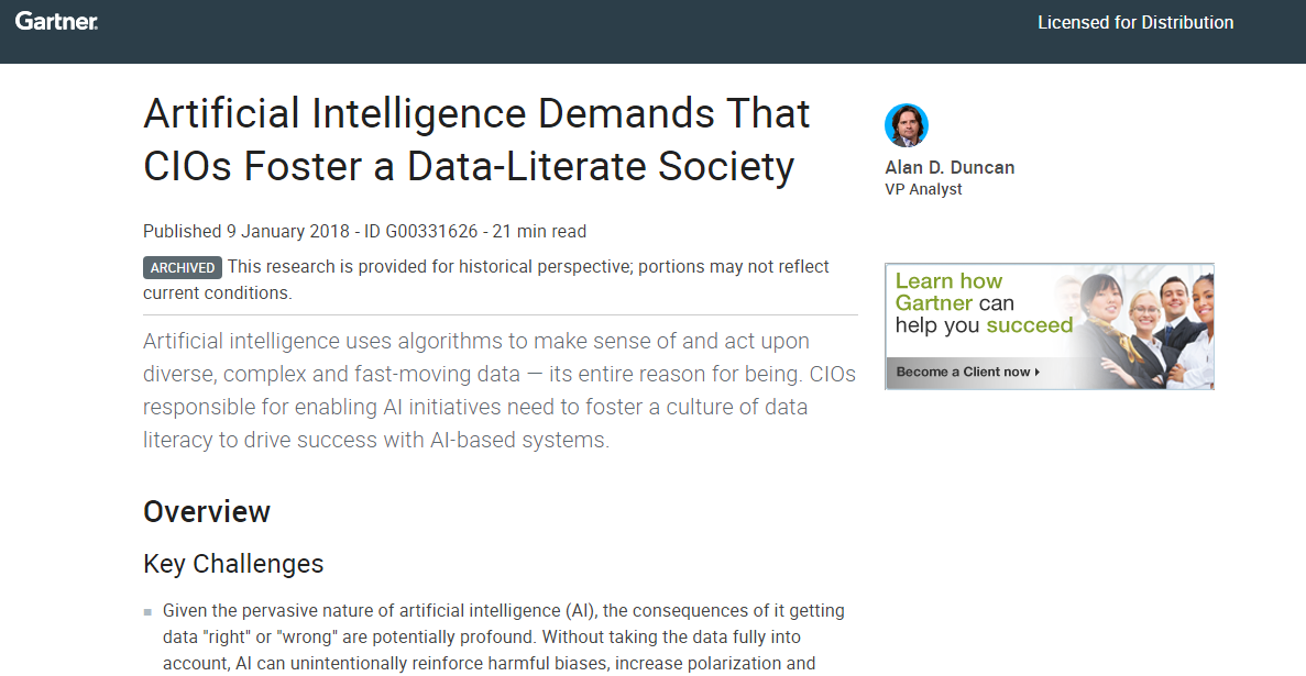 6 - Gartner report: Artificial Intelligence Demands That CIOs Foster a Data-Literate Society