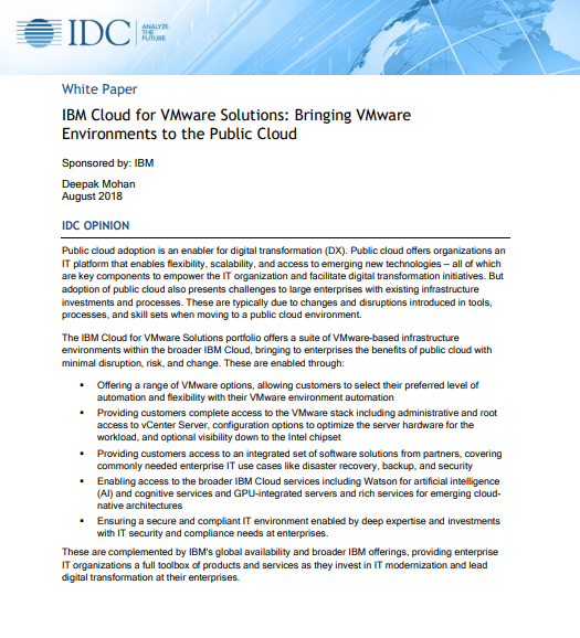 IBM Cloud for VMware Solutions Bringing VMware Environments to the Public Cloud - IBM Cloud for VMware Solutions: Bringing VMware Environments to the Public Cloud