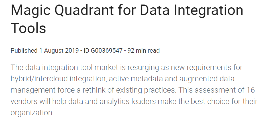 1 9 - 2019 Gartner Magic Quadrant for Data Integration Tools