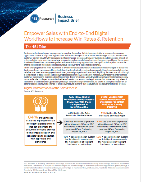 451 Research Cover - 451 Research Brief: Empower Sales with End-to-End Digital Workflows to Increase Win Rates and Retention