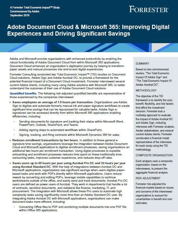 Forrester TEI Adobe DC Microsoft 365 Cover - Adobe Document Cloud & Microsoft 365: Improving Digital Experiences and Driving Significant Savings