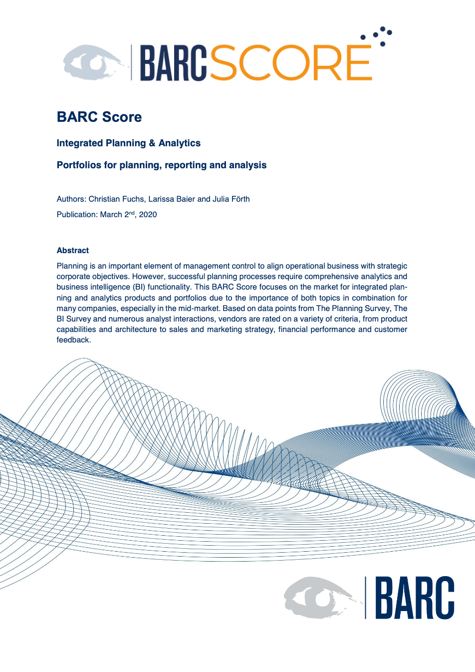 2020 03 02 BARC SCORE Integrated PLA A Vfin - BARC Score: Integrated Planning & Analytics Portfolios for planning, reporting and analysis
