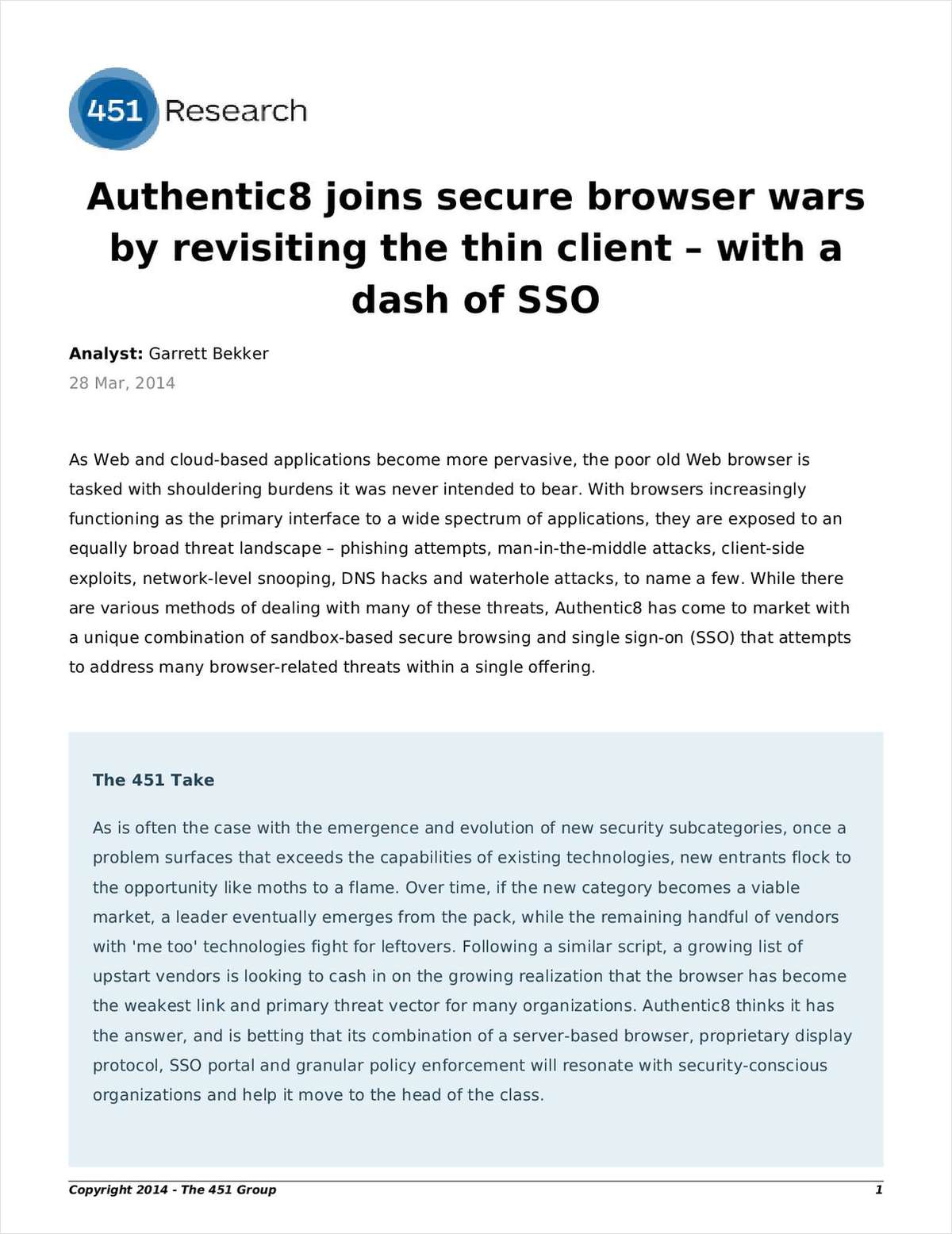 Authentic8 joins secure browser wars by revisiting the thin client -- with a dash of SSO (451 Research Impact Report)