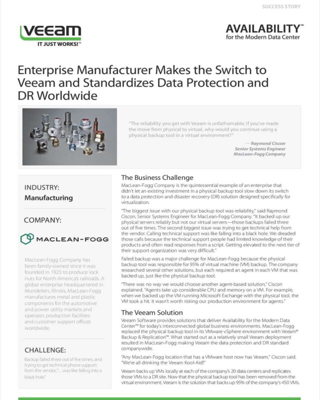 Enterprise Manufacturer Makes the Switch to Veeam and Standardizes Data Protection and DR Worldwide