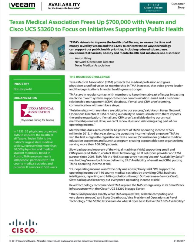 Texas Medical Association Frees Up $700,000 with Veeam and Cisco UCS S3260 to Focus on Initiatives Supporting Public Health