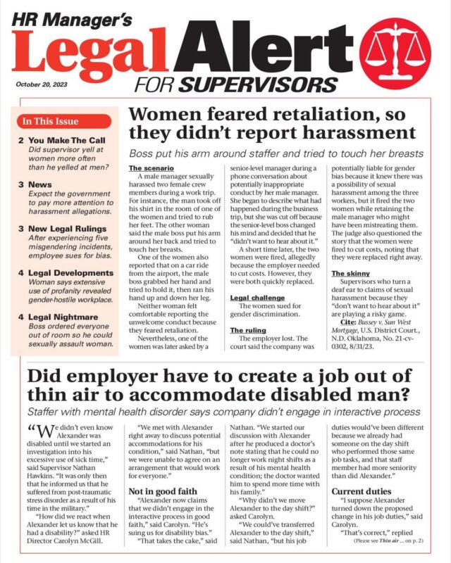 HR Manager's Legal Alert for Supervisors Newsletter: October 20 Edition